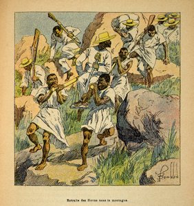 Henri Galli dit Galllichet (1854-1922) 著、Louis Bombled (1862-1927) 絵による「マダガスカルの戦争-1885-1895年のフランス遠征の逸話史」。山中でのホヴァス軍の退却、個人蔵 作： Louis Charles Bombled