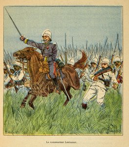 Henri Galli dit Galllichet (1854-1922)著、Louis Bombled (1862-1927)絵による「マダガスカルの戦争-1885-1895年のフランス遠征の逸話史」。ツァラサオトラ防衛時のフランス軍と司令官レントネ（1840-1896）。 作： Louis Charles Bombled
