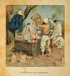 Henri Galli dit Galllichet (1854-1922)著、Louis Bombled (1862-1927)絵による「マダガスカルの戦争-1885-1895年のフランス遠征の逸話史」。1895年、マダガスカルで兵士がバスタブとして使用したルフェーブル車、個人蔵 作： Louis Charles Bombled