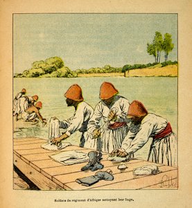 Henri Galli dit Galllichet (1854-1922)著、Louis Bombled (1862-1927)絵による「マダガスカルの戦争-1885-1895年のフランス遠征の逸話史」。マダガスカルの川のほとりで洗濯物を洗うアフリカ連隊の兵士たち 作： Louis Charles Bombled