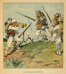 Henri Galli dit Galllichet (1854-1922)著、Louis Bombled (1862-1927)絵による「マダガスカルの戦争-1885-1895年のフランス遠征の逸話史」。1895年のベリッツァでの戦闘中に徒歩で移動する第40猟兵隊、個人蔵 作： Louis Charles Bombled
