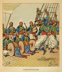 Henri Galli dit Galllichet (1854-1922)著、Louis Bombled (1862-1927)絵による「マダガスカルの戦争-1885-1895年のフランス遠征の逸話史」。La nouba des turcos マダガスカル出航時の船上にて 個人蔵 作： Louis Charles Bombled