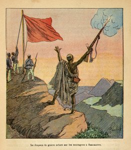Henri Galli dit Galllichet (1854-1922)著、Louis Bombled (1862-1927)絵による「マダガスカルの戦争-1885-1895年のフランス遠征の逸話史」。タナナリヴ山地に植えられたマダガスカルの赤い戦旗の植物、個人蔵 作： Louis Charles Bombled