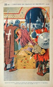 1204年に十字軍がコンスタンティノープルを占領した際の皇帝ユスティニアヌス（483-565）のミイラ化した遺体の発見、ジュール・ミシュレ（1798-1874）による「フランスの歴史」のイラスト（1900年頃）（カラーリソ） 作： Louis Charles Bombled