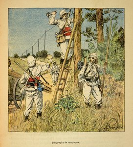 マダガスカルの戦争-1885年から1895年のフランス遠征の逸話、Henri Galli dit Galllichet (1854-1922)著、Louis Bombled (1862-1927)挿絵。1895年のマダガスカルでの軍による作戦電信の実施、Private coll
