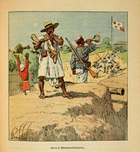 マダガスカルの戦争-1885年から1895年のフランス遠征の逸話（Henri Galli dit Galllichet（1854-1922）著、Louis Bombled（1862-1927）絵）。1895年のフランス軍到着時にマンジャカンドリアノンバで警戒中のマダガスカル軍、プリバ
