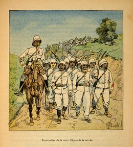 Henri Galli dit Galllichet（1854-1922）著、Louis Bombled（1862-1927）絵による「マダガスカルの戦争-1885-1895年のフランス遠征の逸話」。マダガスカルの道路建設、コルビの始まり、個人蔵 作： Louis Charles Bombled