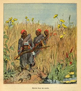 Henri Galli dit Galllichet (1854-1922)著、Louis Bombled (1862-1927)絵による「マダガスカルの戦争-1885-1895年のフランス遠征の逸話集」。1895年、マダガスカルの湿地帯に遠征するフランス軍、個人蔵 作： Louis Charles Bombled