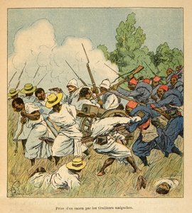 マダガスカルの戦争-1885年から1895年のフランス遠征の逸話、Henri Galli dit Galllichet (1854-1922)著、Louis Bombled (1862-1927)絵。1895年のアンボロンティの戦いでマダガスカル人が大砲を奪った、個人蔵 作： Louis Charles Bombled
