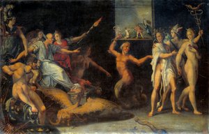 1685年10月のナントの編集の撤回に向けてのアレゴリー 中心となる人物は、ラングドックの総督バスヴィル（竜人）で、ユグノーから最後の服を奪っている。バスヴィルは、ユグノーとの共同生活を目的としたドラゴンネードの設立を促した。
