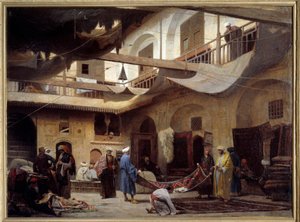 1866年、カイロのハーン・カビルのカーペット・バザール。ルイ・クロード・ムショー（1830-1891）の絵 作： Louis Claude Mouchot