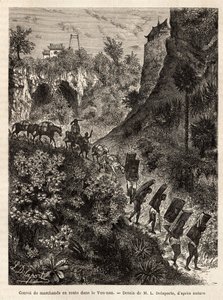 Le tour du monde "に掲載された1866-1868年のフランシス・ガルニエ中尉によるインドシナ探検航海を説明するために、L.Delaporteの図面に基づいて彫られた雲南（中国）へ向かう商人とそのポーターの護送船団 187 作： Louis Delaporte
