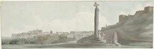 Gezicht op Arriano en Monument, zogenaamde altaar van Janus アリアーノ市 (Equotuticum)、イアヌスの祭壇と呼ばれる古代のモニュメント、および破壊された要塞の眺め (オブジェクトのタイトル) イタリア、シチリア、マルタの旅 - 1778 (シリーズタイトル)