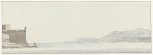 Gezicht op de kust van Calabrië vanaf het uiterste punt van de vesting Messina メッシーナの城塞の外側の角から撮影したカラブリアの海岸の眺め (オブジェクトのタイトル) イタリア、シチリア、マルタの旅 - 1778 (シリーズタイトル) 作： Louis Ducros