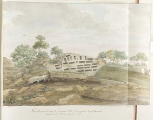Gezicht op de muren van Agrigentum en vele rotsgraven 古代都市の壁の外観と、彫刻が施された墓石が見られる大量の落下岩の外観 (オブジェクトのタイトル) イタリア、シチリア、マルタの旅 - 1778 (シリーズタイトル) 作： Louis Ducros