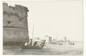 Mosselvissers op Mare Piccolo bij de vestingwerken van Taranto シタデルの隅から見たターラントのマーレ ピッコロでムール貝を釣る (オブジェクトのタイトル) イタリア、シチリア、マルタの旅 - 1778 (シリーズタイトル) 作： Louis Ducros