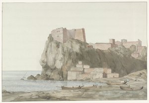 げっぷ in stad Scilla in de regio Calabrië aan de westkust カラブリアのロック＆シラーの町。 夕日側からの眺め（被写体タイトル） イタリア、シチリア、マルタの旅 - 1778 (シリーズタイトル) 作： Louis Ducros