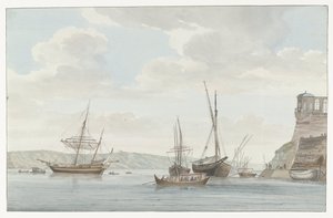Tuinhuis van de Jardin du Grand Master uittorend boven de Haven met galei schepen op Malta パビリオン デュ ジャルダン デュ グラン メートル、マルトのポート デ ガレールの向かい (オブジェクトのタイトル) イタリア、シチリア、マルタの旅 - 1778 (シリーズタイトル) 作： Louis Ducros