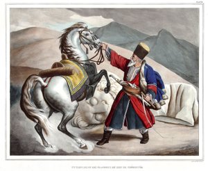 アテネとコンスタンティノープルへの旅、または自然の場所に描かれたギリシャ人とオスマン人の肖像、景色、衣装のコレクション、ダヴィの弟子であるルイ・デュプレ（1789-1837）のリトグラフ、コロリー」に掲載されている、シェロネのライオンのタルタルと断片。 作： Louis Dupré