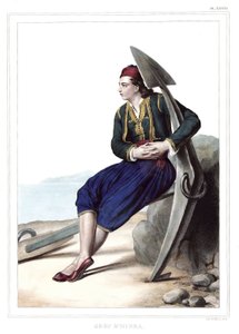 ダヴィッドの弟子であるルイ・デュプレ（1789-1837）が1825年に制作した「アテネとコンスタンティノープルへの旅、または自然のままの場所に描かれたギリシャ人とオスマン人の肖像、景色、衣装のコレクション」の中のギリシャ人のディドラ。 作： Louis Dupré