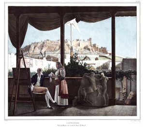 ルイ・デュプレ（1789-1837）の「アテネとコンスタンティノープルへの旅」（自然の場所に描かれたギリシャ人とオスマン人の肖像画、景色、衣装のコレクション）の中の、フランス領事M.フォーベルの家から見たアクロポリス。 作： Louis Dupré