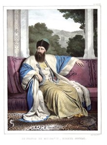 モルドバの王子、マイケル・ソッツオ（1729-1830）。「アテネとコンスタンティノープルへの旅、あるいはダヴの弟子であるルイ・デュプレ（1789-1837）が自然の場所で描いたギリシャとオスマン帝国の肖像画、景色、衣装のコレクション」の中で、リトグラフとコロリーで描かれています。 作： Louis Dupré
