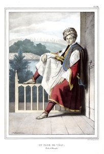 ダヴィッドの弟子であるルイ・デュプレ（1789-1837）が1825年に制作した「アテネとコンスタンティノープルへの旅、または自然の場所に描かれたギリシャとオスマン帝国の肖像、景色、衣装のコレクション」に掲載されているヴェリ（テッサリー公爵）のページ。 作： Louis Dupré