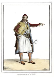 ダヴィッドの弟子であるルイ・デュプレ（1789-1837）が自然のままの場所に描いたギリシャとオスマン帝国の肖像、景色、衣装のコレクションである「アテネスとコンスタンティノープルへの旅」のパリカレス・デ・ラ・スキュラードのシェフ。 作： Louis Dupré