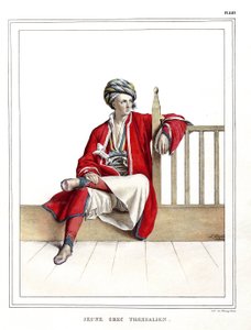 1825年、ダヴィッドの弟子であるルイ・デュプレ（1789-1837）が自然のままの場所に描いたギリシャ人とオスマン人の肖像、景色、衣装のコレクションである「アテネとコンスタンティノープルへの旅」の中の若いギリシャ人のテッサリアン。 作： Louis Dupré