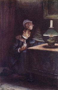 彼の膝に彼女の重い、羊毛のような頭は、彼は子供の頃の幸せな夜を思い出しました 作： Louis Edouard Paul Fournier