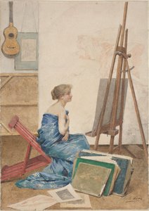 日本の絹に包まれた模型のある画家のスタジオ 作： Louis Emile Adan