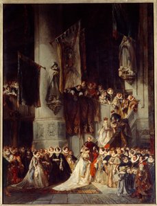 デルフトの教会での挙式。16世紀のオランダでの結婚式を描いた絵画。ルイ・ガブリエル・ユージン・イサベイ（1803-1886）の絵画