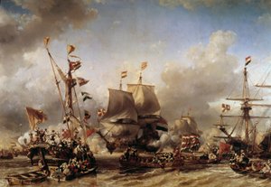 英蘭戦争：「テキセル島の戦いのためのオランダ提督ミシェル・アドリアン・リュイテル（1607-1676）とウィリアム・デ・ウィットのエンバークメント」ルイ・ガブリエル・ユージン・イサビー（1803-1886）画 19世紀 トゥーロン、海軍博物館 作： Louis Eugene Gabriel Isabey