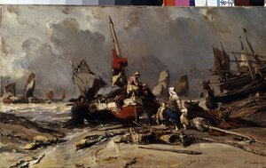 ""After the storm"" (嵐の後) 漁師は嵐の後、家族を見つける。 Louis Gabriel Eugene Isabey (1803-1886) による絵画 1869 Dim. 36.5x60 cm エルミタージュ美術館、サンクトペテルブルク 作： Louis Eugene Gabriel Isabey