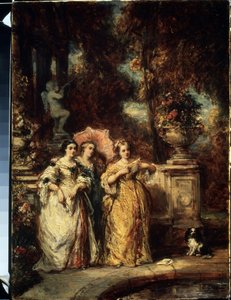 ""La promenade"" (散歩) 公園で良家に生まれた 3 人の少女。 Louis Gabriel Eugene Isabey (1803-1886) による絵画 1852年 プーシキン美術館、モスクワ 作： Louis Eugene Gabriel Isabey