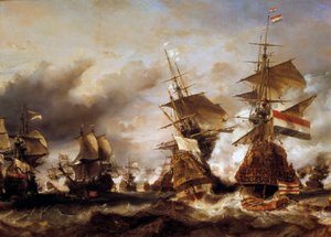 アウグスブルグ同盟との戦争。「1694年6月29日のテクセルの戦いで、ジャン・バルト（1650-1702）がフリースラント提督のオランダ艦隊に勝利」 フランス人は小麦を積んだオランダ船を押収する。Louis Gabriel Eugene Isabey（1803-1886）による絵画。