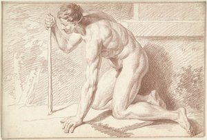 男性のヌード、ひざまずいて、杖を持ち、左向き 作： Louis Fabritius Dubourg