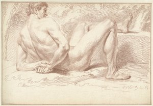 男性のヌード、リクライニング、背中の後ろに腕 作： Louis Fabritius Dubourg
