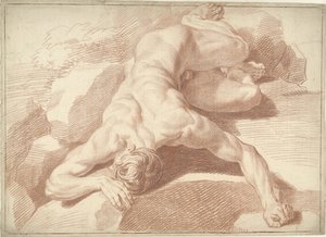 男性の裸体、うつ伏せに横たわり、短縮されている 作： Louis Fabritius Dubourg