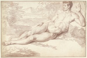 右側に横向きに横たわっている男性の裸体 作： Louis Fabritius Dubourg