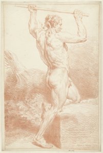 男性の裸体の研究、片膝をつき、頭の上に棒を持っている 作： Louis Fabritius Dubourg