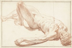 脚を伸ばして仰向けに横たわっている男性の裸体の習作