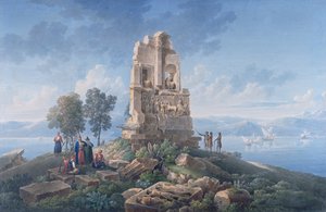アテネのフィロパッポスの墓と旅人たち。1821年 （インクと水彩） 作： Louis Francois Cassas