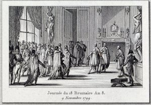 領事館"Napoleon Bonaparte (1769-1821) at the meeting of Saint Cloud on the 18 brumaire (9/11/1799)" ナポレオン・ボナパルトによる18ブルメールのクーデターは、擲弾兵に守られたファイブ・セント(5セント)評議会(500人部屋)で行われ、Dを終了する。
