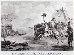 フランス革命「1792年9月20日のヴァルミーの戦いでの将軍兼牧童フランソワ・クリストフ・ケレルマン（1735-1820）」 ルイ・フランソワ・クーシュ（1782-1849）によるエングレーヴィング 18世紀 Paris, Musee Carnavalet 作： Louis Francois Couche