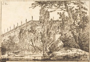 テラスと彫像のある手すりのある公園 作： Louis Gabriel Moreau the Elder