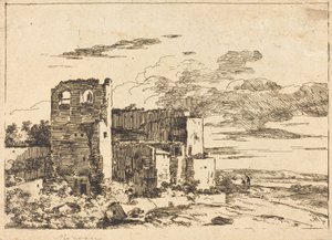川岸近くの廃墟の建物 作： Louis Gabriel Moreau the Elder