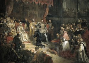 シャルル 5 世 (1500 年 - 1558 年) の息子フィリップ 2 世 (1527 年 - 1598 年) への譲位 作： Louis Galna