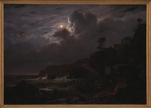 スウェーデンのカレンの眺め。 岩の間に商品を隠している密輸業者。 月光 作： Louis Gurlitt