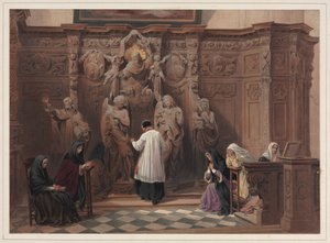 告白、聖パウロ教会、アントワープ、1838年。 作： Louis Haghe